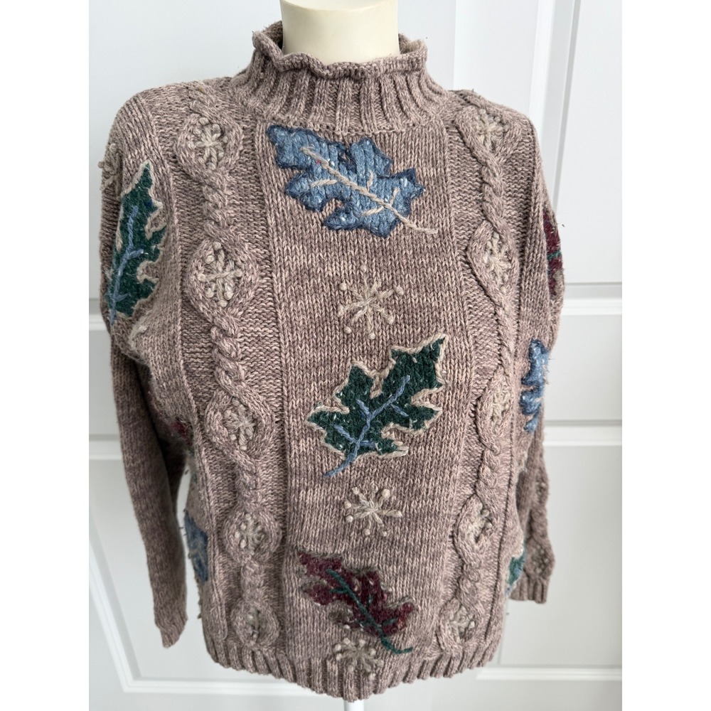 Vintage Christopher & Banks Hand Embroidered Leaf Cable Knit Sweater Taupe Small